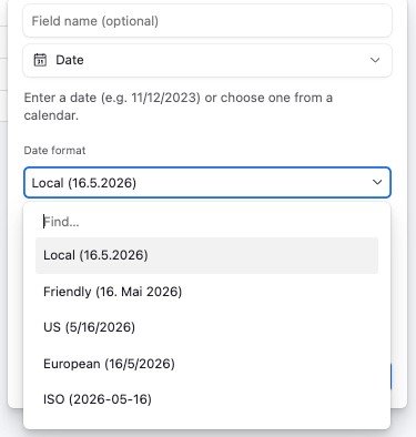 Airtable's date-field format selector with five named options and live previews. Locale-aware — "Local" and "Friendly" both adapt to the user's locale (here: de-CH).