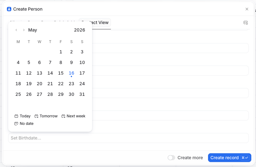 Empty Birthdate field on Create Person modal. Popup opens at May 2026 (today), 700+ months away from a typical birthdate.
